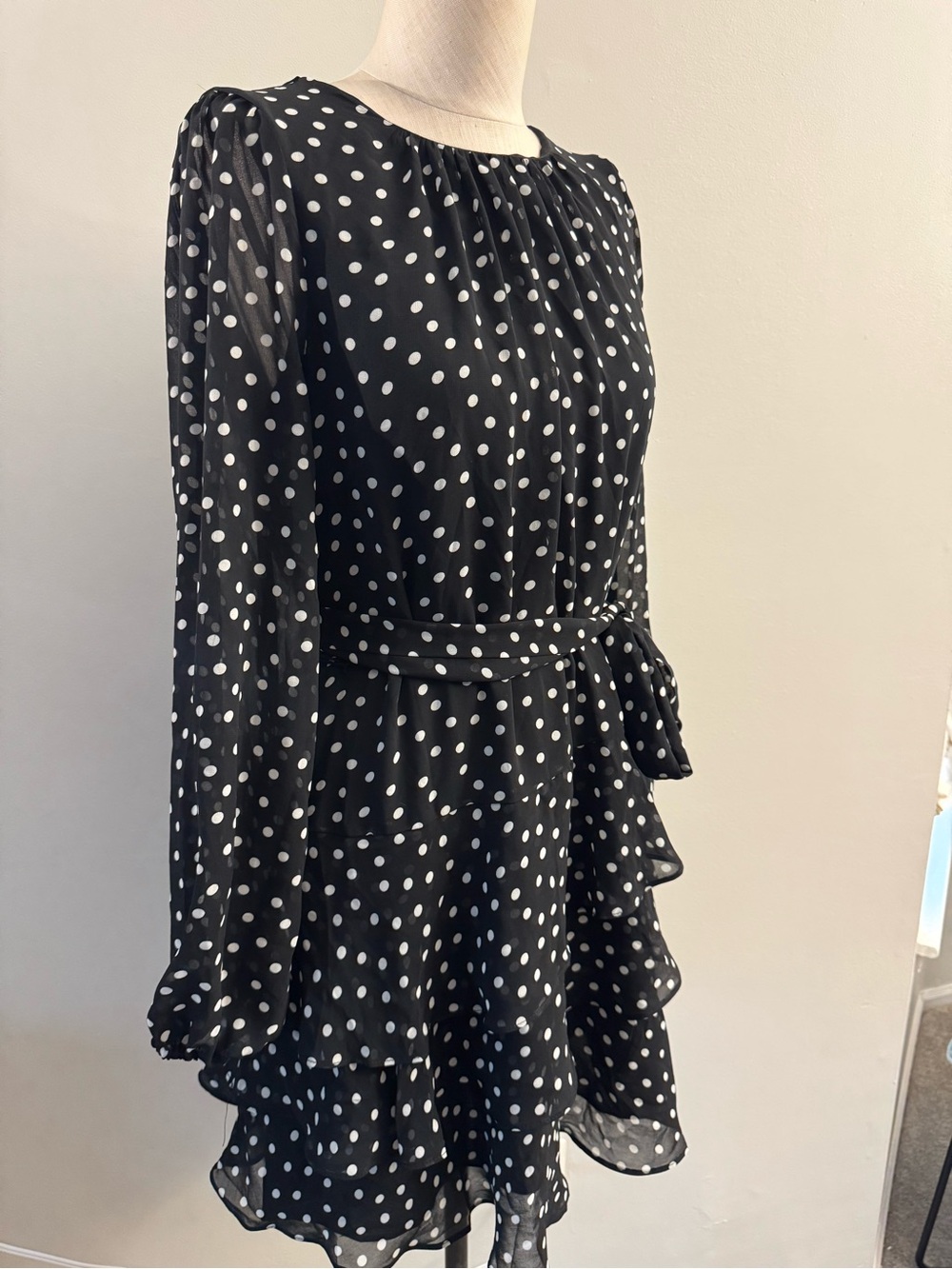 Express Black and White Polka Dot Long-Sleeve Tie-Waist Ruffled Dress